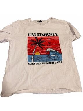 Romwe Mens T Shirt White Graphic Surfing Summer Camp Large